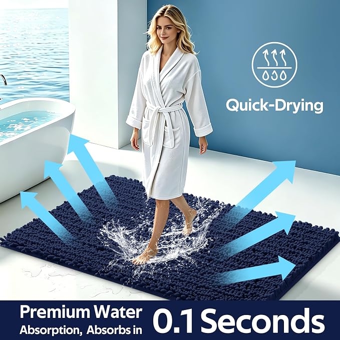 ACCUMTEK Upgrade Extra Large Navy Blue Bathroom Rug Set 3 Pieces Ultra Soft, Thick Absorbent Bath Mats, Non Slip Chenille Toilet Mat for Bathroom, Bedroom, Kitchen