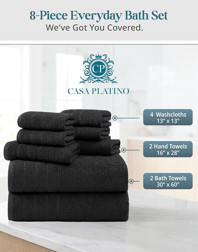 Casa Platino Bathroom Towel Set 8 Piece Soft Absorbent Quick Dry - Black | Cotton Towel Set - Coordinated Colors, Dobby Border Accent, OEKO-TEX Certified, Ring-Spun Durability, Ring-Spun Cotton