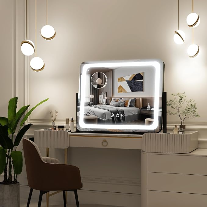 FENNIO Vanity Mirror with Lights 22"x17",LED Lighted Makeup Mirror,Large Makeup Mirror with Lights,Touch Screen with 3-Color Lighting,Led Mirror Makeup,Dimmable,for Vanity Desk Tabletop,Bedroom