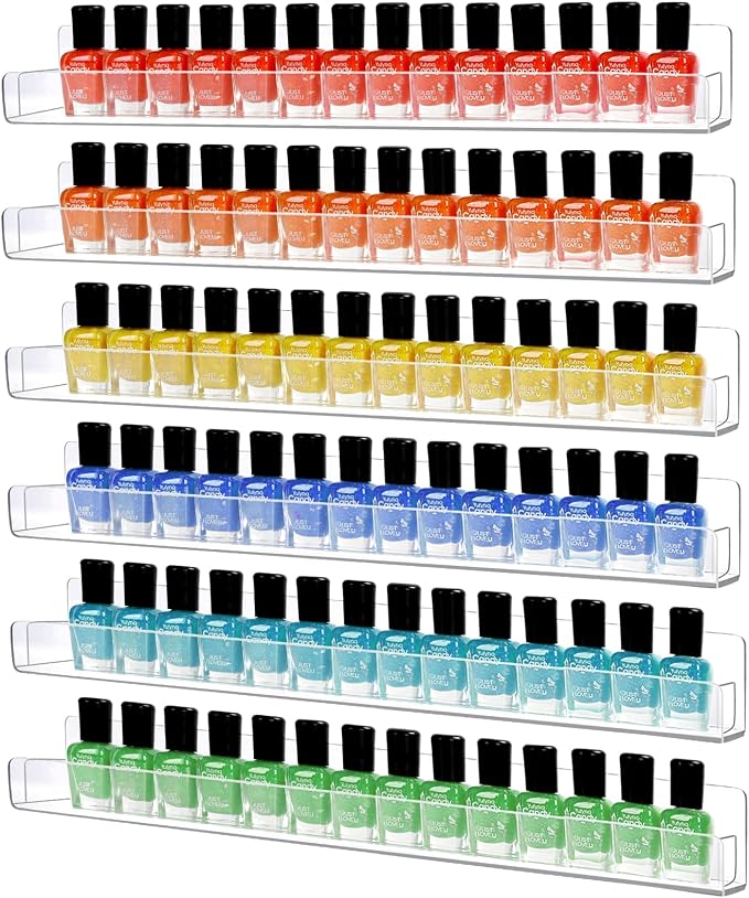 6 Pack Nail Polish Organizer Wall Mounted Shelf with Removable Anti-Slip Inserts, Paint Rack Acrylic Display for Salon Vanity Table Organization, Holds 90 Bottles, 15 Inch
