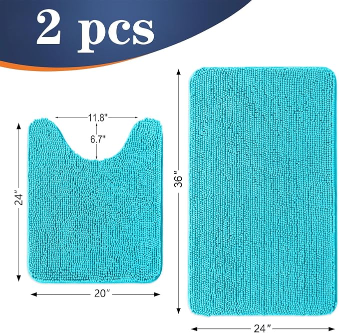 OLANLY Chenille Bathroom Rugs Mats Sets 2 Piece, 36"x24"+24"x20", Aqua Sky | Soft Absorbent Bath Mat and U-Shaped Contour Toilet Rug Set, Quick Dry, Machine Washable Bath Carpet, Home Decor Accessories