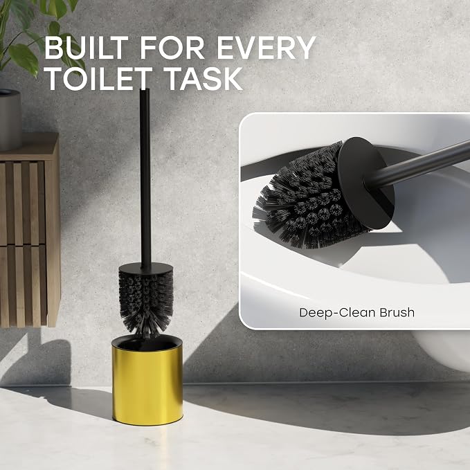 Toilet Bowl Brush with Holder and Splash Guard – Gold | Freestanding toilet bowl brush set with durable steel holder, splash guard lid, and stainless steel handle in gold
