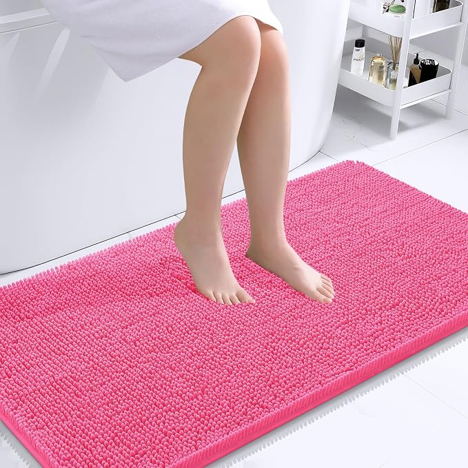 OLANLY Bathroom Runner Rugs 44x24, Extra Soft Absorbent Chenille Bath Rugs | Hot Pink, Quick-Drying Rubber Backing, Washable Long Bath Mat for Bathroom Floor, Tub and Shower, Home Decor Accessories