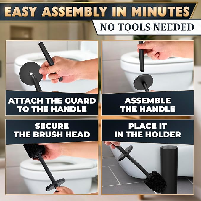Matte Black Toilet Brush and Holder Set - Stainless Steel Toilet Brush with Holder, Removable Inner Bowl, Replaceable Head, Anti-Splash Guard and Flexible Bristles for Effective Bathroom Cleaning