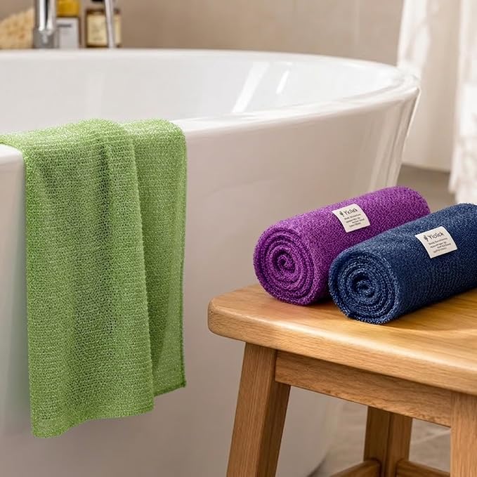 Exfoliating Washcloth Towel- Exfoliating Body Scrubber Exfoliator, Back Scrubber for Shower Bath, Exfoliate Rags Wash Cloths, Loofah Lufa Sponge, Deep Blue + Deep Purple + Olive Green