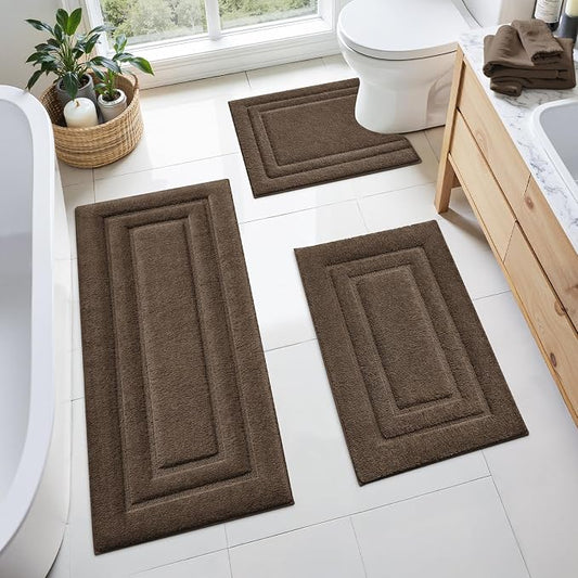 HOMEIDEAS Brown Bathroom Rugs Set of 3, Non Slip Bath Runners | Super Absorbent, Plush Microfiber, Machine Washable, Stain Resistant, Easy Care, Perfect for Modern Bathroom Decor