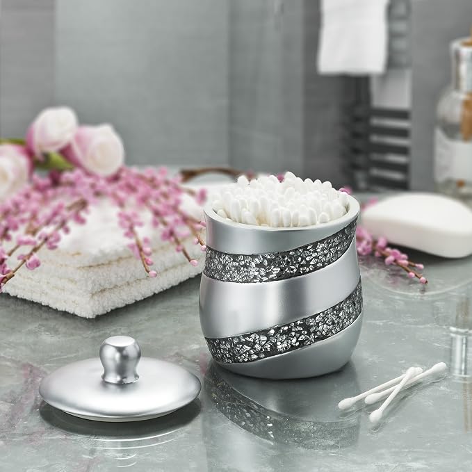 Creative Scents Silver Mosaic Qtip Holder for Bathroom - Decorative Cotton Ball Holder Jar - Durable Resin cotton Swab dispenser - Bathroom Accessories Vanity storage