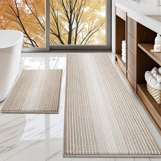 Bathroom Rugs Sets 2 Piece, Non Slip Boho Bath Mats, Light Taupe | 24"x70" Plus 20"x32", Soft Absorbent Striped Chenille, Quick Dry Machine Washable, Shower Rug for Bathroom Bedroom Décor