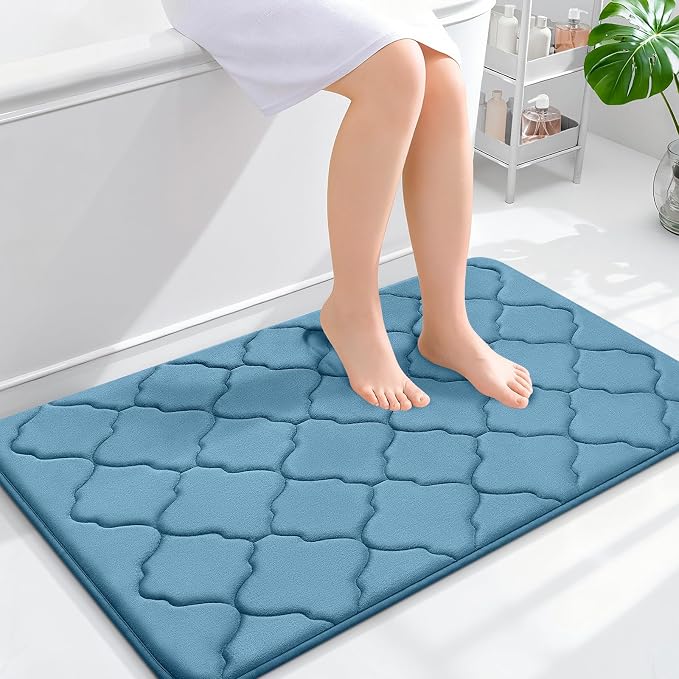 OLANLY Memory Foam Bath Mat Rug 36x24, Ultra Soft Bathroom Rugs, Blue | Thick Absorbent Carpet, Non-Slip Backing, Machine Washable, for Bathroom Floor, Tub, Shower and Home Decor Accessories