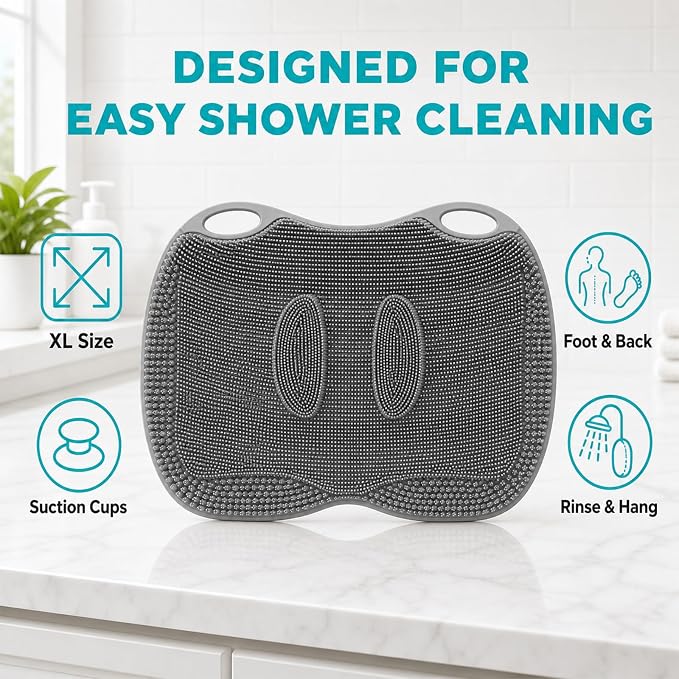 XL Silicone Shower Foot Scrubber Mat with Suction Cups, Foot Washer for Shower, Foot and Back Scrubber for Smooth Shower Wall or Floor, Grey, 17.3 x 12.9 in