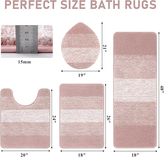 Bsmathom Bathroom Rug Set 4 Piece, Plush Microfiber Bath Mat, Pink | Extra Water Absorbent, Non Slip Washable Runner Bath Rugs with Toilet Lid Cover and U-shaped Contour Toilet Mat
