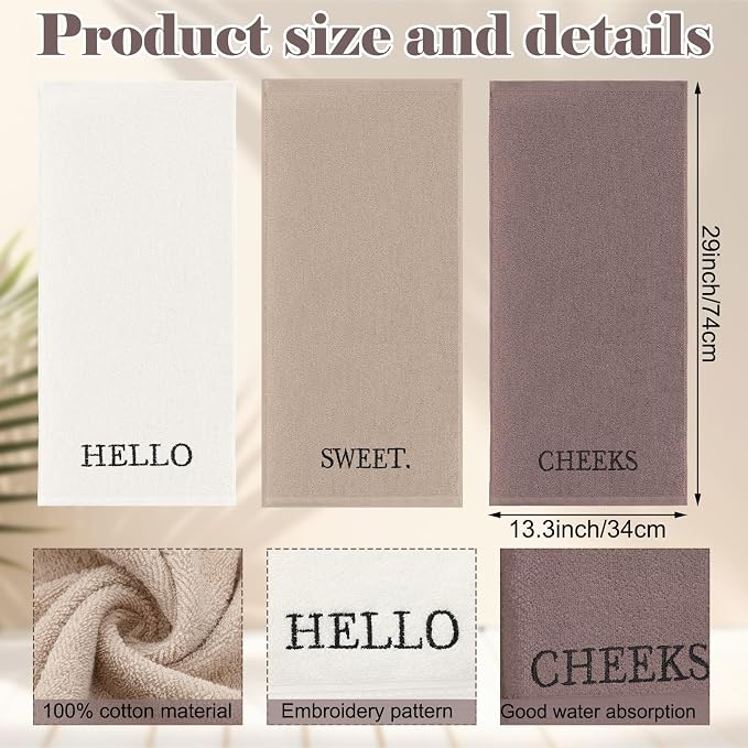 3 Pcs Hand Towels Bathroom Set,Brown,Hello Sweet Cheeks | Embroidered Cotton Farmhouse Towels, Kitchen Decor, Rustic Boho Decorative with Text Labels, Guest Bath Home