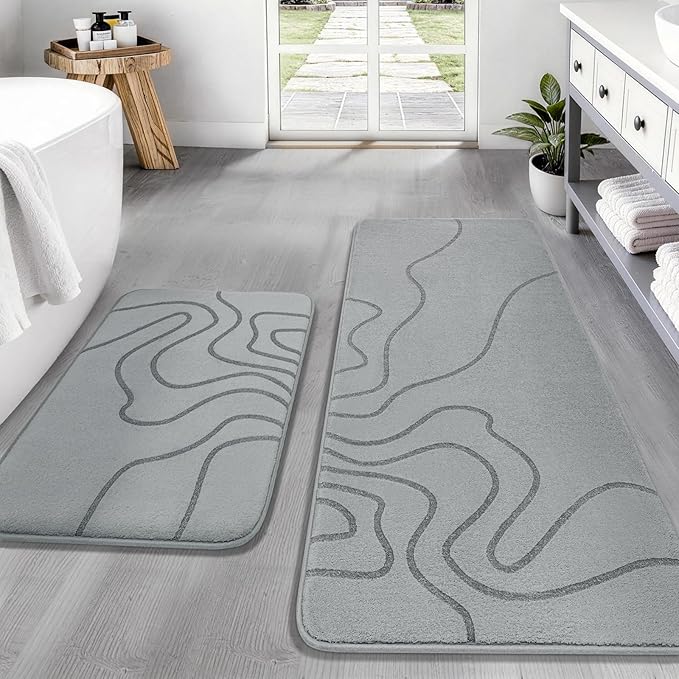 YIHOUSE Memory Foam Bathroom Rugs Sets 2 Piece, 17"x24"+20"x46", Grey | Ultra Soft, Extra Thick Bath Mat, Absorbent, Non-Slip, Machine Washable, For Tub, Shower & Home Decor Accessories