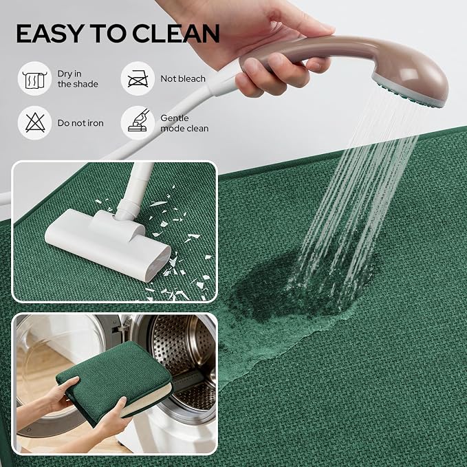 HOMEIDEAS Memory Foam Bathroom Rugs Set, Dark Green 24"x17"+32"x20" | Ultra Absorbent Quick Dry Bath Mats with Non Slip PVC Backing, Machine Washable, Ideal for Bath Floor, Shower and Tub