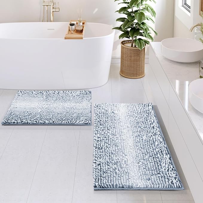Hearth & Harbor Bathroom Rugs, Chenille Bath Mat - Machine Washable Bath Mats for Bathroom Non-Slip Backing Rubber, Quick Dry Bathroom Mat, 17 x 24 + 20 x 32 - Ombre Blue