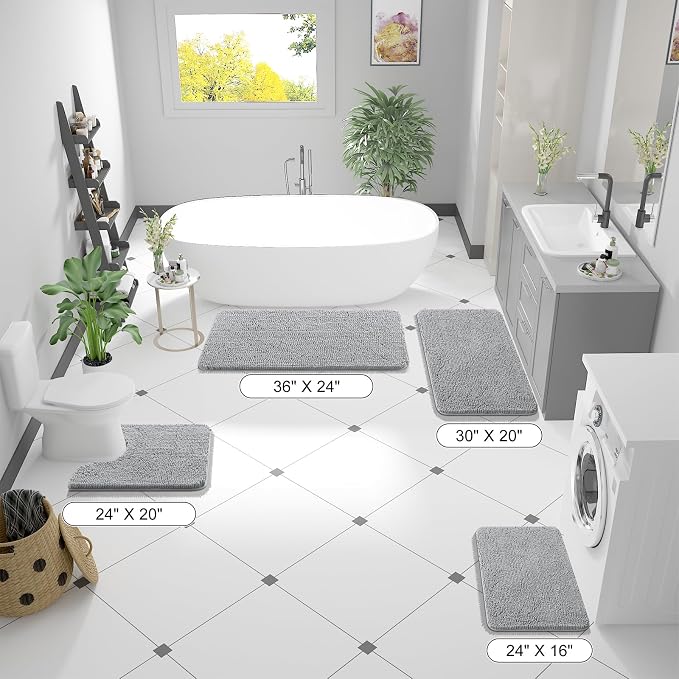 OLANLY Large Bathroom Rugs 59x35, Extra Soft Absorbent Chenille Bath Rugs | Light Grey, Quick-Drying Rubber Backing, Machine Washable Bath Mat for Bathroom Floor, Tub and Shower, Home Decor Accessories