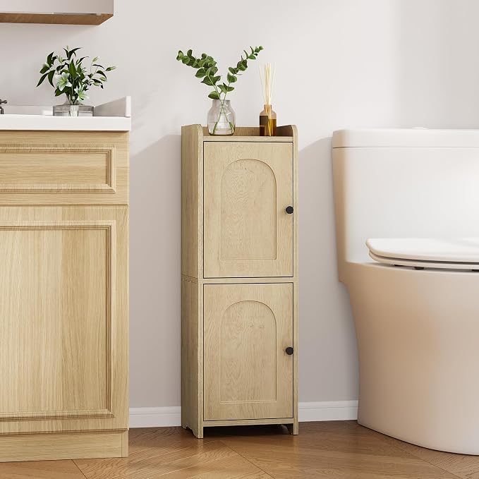 Hzuaneri Bathroom Storage Cabinet, Small Corner Floor Cabinet with 2 Doors and Adjustable Shelf, Narrow Toilet Paper Cabinets, Bathroom Organizer for Small Spaces, 7.9" D x 9.8" W x 29.5" H Yellow