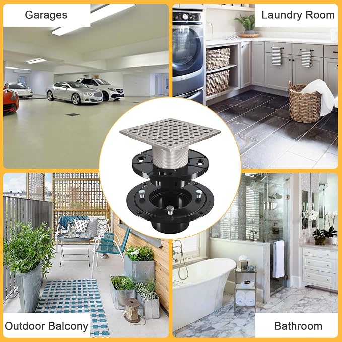 4 Inch Square Shower Drian with ABS Flange-SUS 304 Stainless Steel & CUPC Certified Shower Floor Drain-Removable Grid Cover-with Hair Strainer-Brushed Nickel