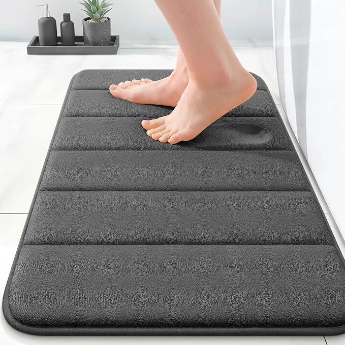 OLANLY Memory Foam Bath Mat 35x16, Super Soft and Absorbent Bathroom Rugs | Black, Quick Dry Bath Rug, Machine Washable Shower Floor Mats, Bathmat Carpet for Bathroom Floor, Tub and Shower