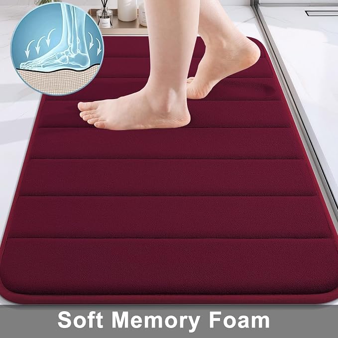 Buganda Memory Foam Bath Mat 31.5 x 20, Ultra Soft Absorbent Bathroom Rugs | Burgundy, Machine Washable Quick Dry Bath Mats for Bathroom Floor, Shower and Tub, Home Decor Accessories