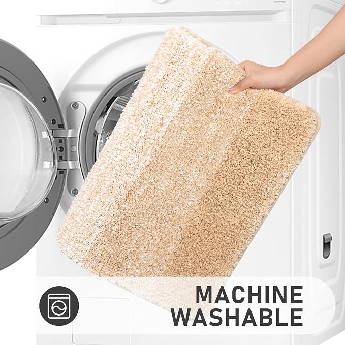 Bsmathom Bathroom Rug Set 4 Piece, Plush Microfiber Bath Mat, Beige | Super Water Absorbent, Non Slip Machine Washable Bath Rug Sets with Toilet Lid Cover and U-shaped Contour Toilet Mat