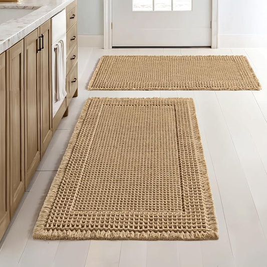 MIULEE Set of 2 Waffle Bathroom Rugs Bordered Bath Mat Brown 18x30 Inch | Non Slip, Super Absorbent, Washable, Ultra Soft, Rubber Backed Bath Rugs for Bathroom Floor Tub and Shower, Boho Decor