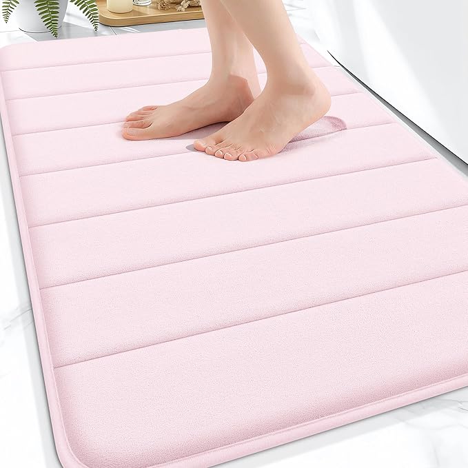 OLANLY Memory Foam Bath Mat 32x20, Super Soft and Absorbent Bathroom Rugs | Pink, Quick Dry Bath Rug, Machine Washable Shower Floor Mats, Bathmat Carpet for Bathroom Floor, Tub and Shower