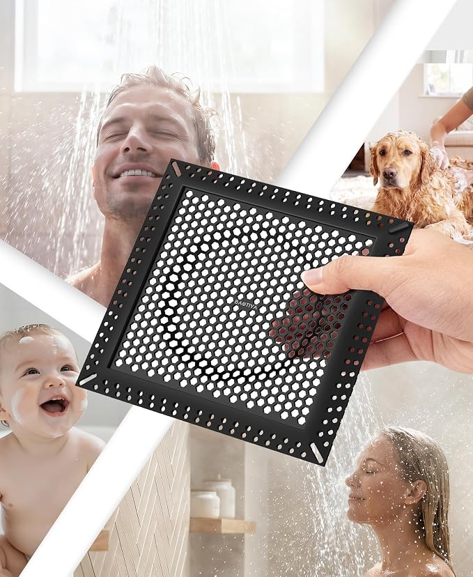 Square Shower Drain Hair Catcher, Anti-Clogging, Black, 6 inch | 304 Stainless Steel and TPE Material/ Not Moving / Easy Clean / Fast Drainage / Fits Bathroom Hair Catcher for Shower