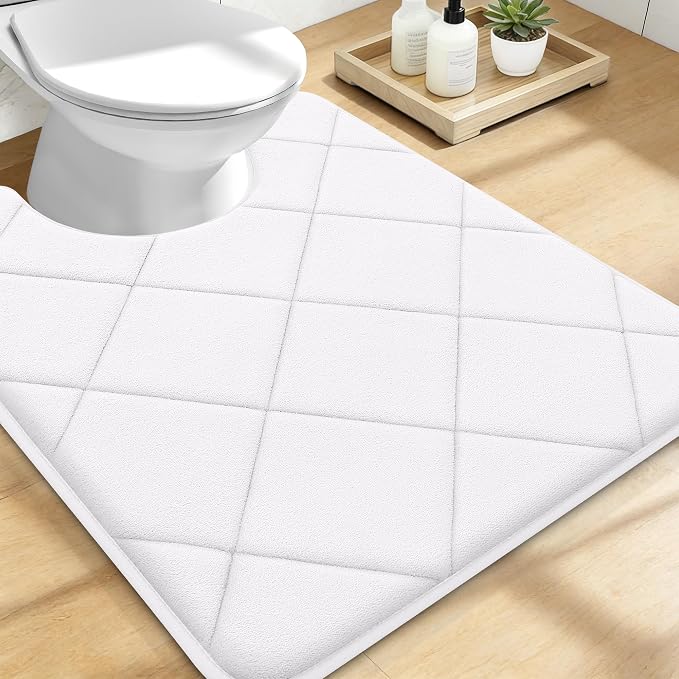 OLANLY Memory Foam Toilet Rugs U-Shaped 24x20, Ultra Soft and Absorbent Bathroom Rugs, Machine Washable Quick Dry, Comfortable Bathroom Contour Bath Mats for Toilet Base, White