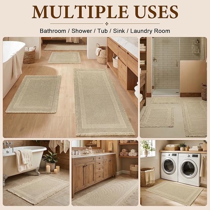 Waffle Bath Mat, Non Slip Bathroom Rugs Mats Set, Super Absorbent Quick Dry Bath Mats for Bathroom, Machine Washable Boho Rugs with Tassels,17"x24"+24"x36"+24"x48" (Brown)