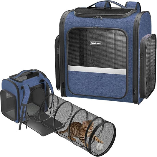 Pawtners Cat Backpack with Play Tunnel, Design for Carrying Playing Blue | Expandable, Foldable, Breathable, Lager Space, Durable, Perfect for Cat Small Dog, Travel Hiking Camping Walking Car