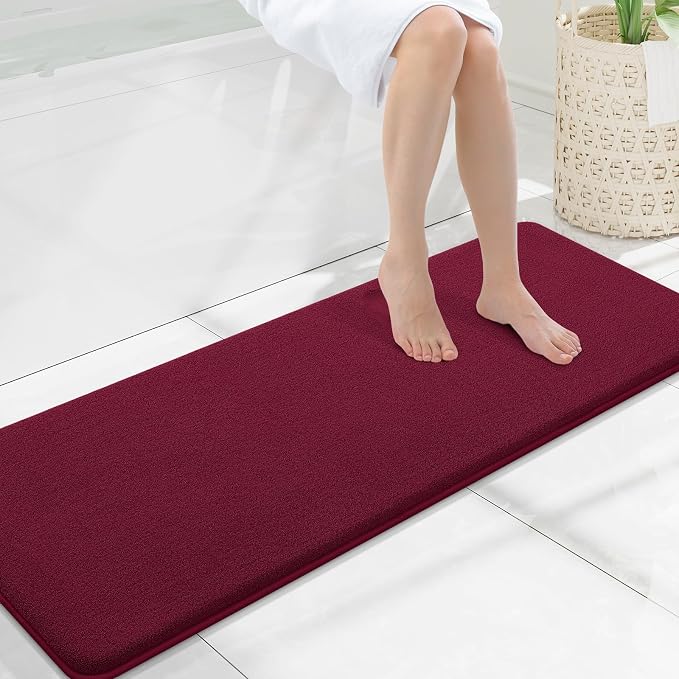 Smiry Memory Foam Bath Mat 47x17, Extra Soft Absorbent Bathroom Rugs | Burgundy Quick Dry, Machine Washable Bath Mats for Bathroom, Shower, Tub and Home Decor Accessories