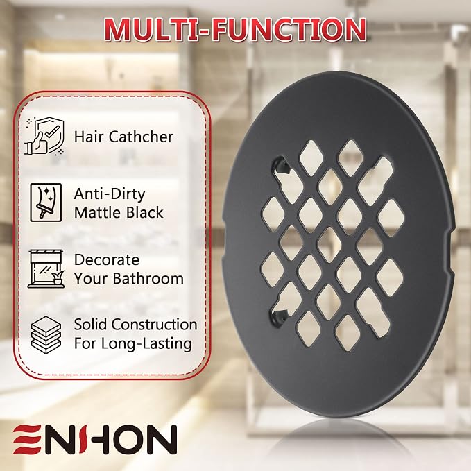 Enhon 2 Pack 4-1/4 Snap in Shower Drain Cover, Round Strainer Drain Grid, Bathroom Shower Grate Cap Replacement for Hair Catcher(Matte Black,Stainless Steel)