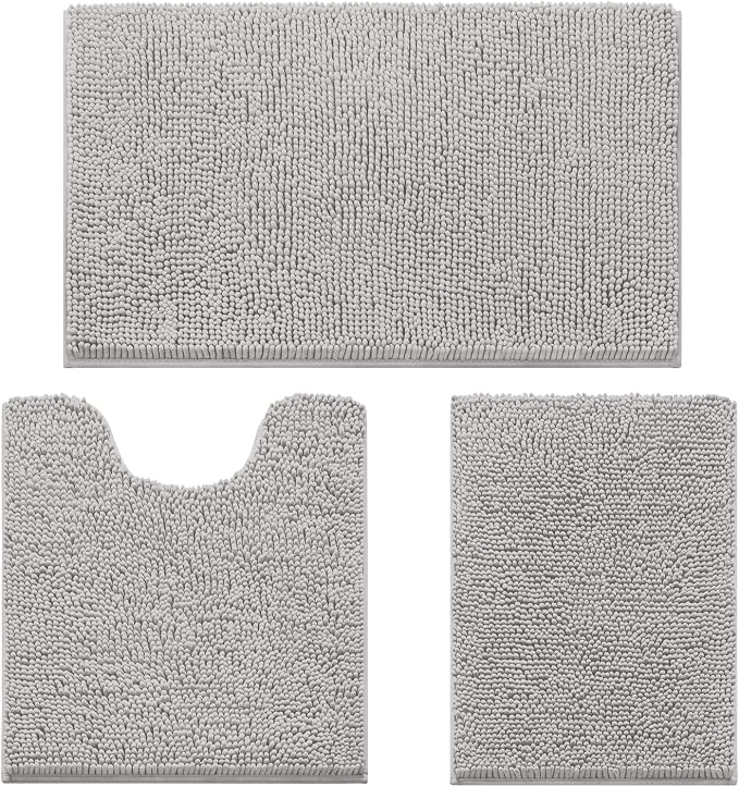 HOMEIDEAS Light Grey Chenille Bathroom Rugs Set of 3, Non Slip Bath Mat | Super Absorbent, Soft Microfiber, Machine Washable, Stain Resistant, for Bathroom Decor