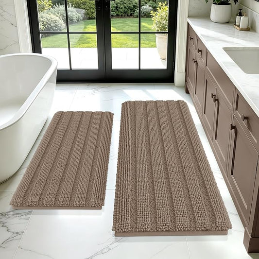 ACCUMTEK Striped Dark Beige Bathroom Rug Mat Set 2 piece 24"x17"+48"x20" Ultra Soft, Non Slip Chenille Bath Rugs, Absorbent Plush Shaggy Bath Mats for Bathroom, Bedroom, Kitchen, Shower, Tub,Taupe
