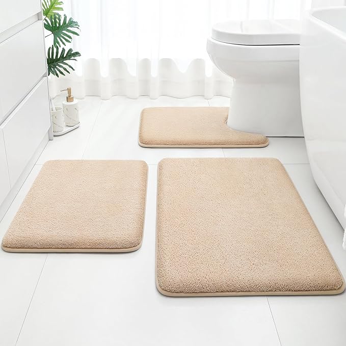 HOMEIDEAS 3 Piece Bathroom Rugs Set, Beige 17"x24"+20"x32"+20"x24" | Memory Foam, Ultra Soft, Super Absorbent Bath Mats, Non Slip Backing, U Shaped Toilet Rug for Bathroom, Tub and Shower