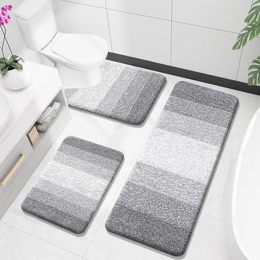 OLANLY Microfiber Bathroom Rugs Sets 3 Piece, 47"x20"+24"x16"+24"x20" | Light Grey, Soft Absorbent Bath Mats and U-Shaped Contour Toilet Rug, Plush Shaggy Bath Mat Set for Bathroom