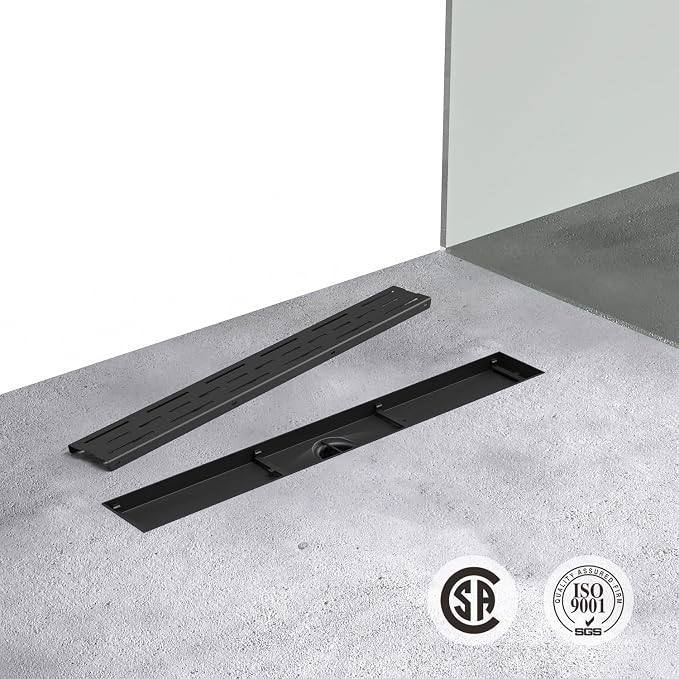 ELLO&ALLO 32 Inch Matte Black Linear Shower Drain, SUS304 Stainless Steel Rectangle Shower Floor Drain with Removable Pattern Grate