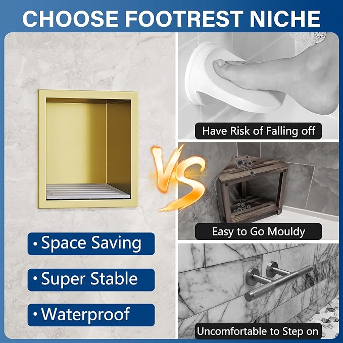 Neodrain Shower Foot Rest for Shaving Legs, 304 Stainless Steel Shower Niche, Recessed Shower Step for Shaving Legs,Niche for Shower Wall, Bathroom Foot Rest (Golden, 6.7" x 6")