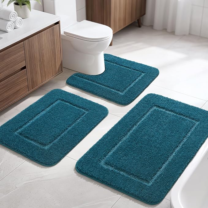 LOCHAS Bathroom Rug Set, Bath Rugs Sets 3 Piece Non Slip, Peacock Blue | Washable Absorbent Microfiber Bath Mat Set, Soft Cozy Bathroom Mat for Shower Sink Toilet