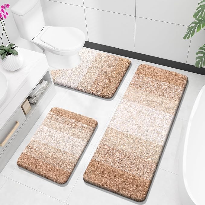 OLANLY Microfiber Bathroom Rugs Sets 3 Piece, 47"x20"+24"x16"+24"x20" | Beige, Soft Absorbent Bath Mats and U-Shaped Contour Toilet Rug, Plush Shaggy Bath Mat Set for Bathroom