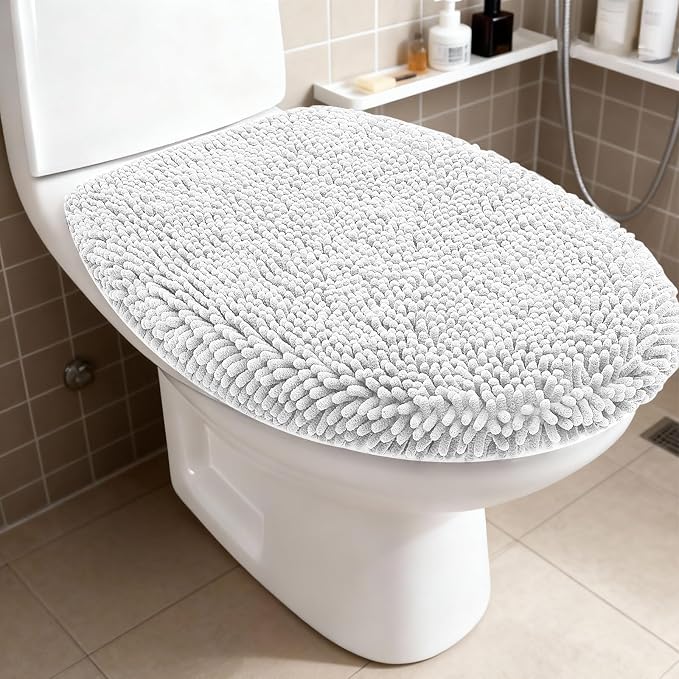 RUN HELIX Bathroom Toilet Lid Cover,Chenille Machine Washable Seat Covers, 17.5x15, Stays in Place Rubber Backing, Fits Most Round, Elongated and Oblong Lids, Accessories Decor,White