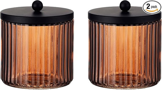 2-Pack Glass Qtip Holder Dispenser Set for Cotton Ball, Swab, Round Pads, Floss Picks with Matte Black Metal lid - Bathroom Canister Storage Organization and Vanity Makeup Organizer (Brown)