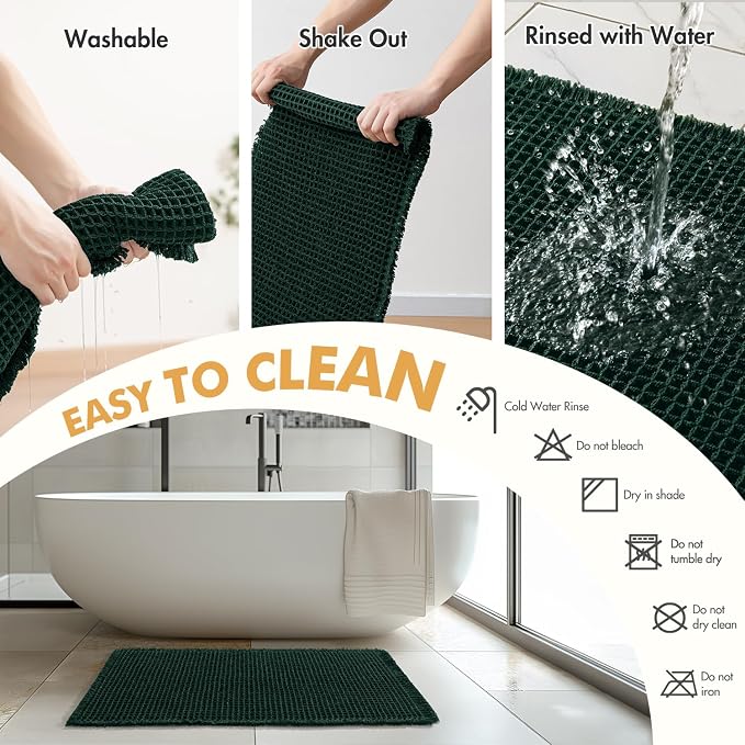 MIULEE Set of 2 Waffle Bathroom Rugs Boho Bath Mat Dark Green 17x24 Inch | Non Slip, Super Absorbent, Washable, Ultra Soft, Rubber Backed, Small Bath Rugs for Bathroom Floor Tub Shower