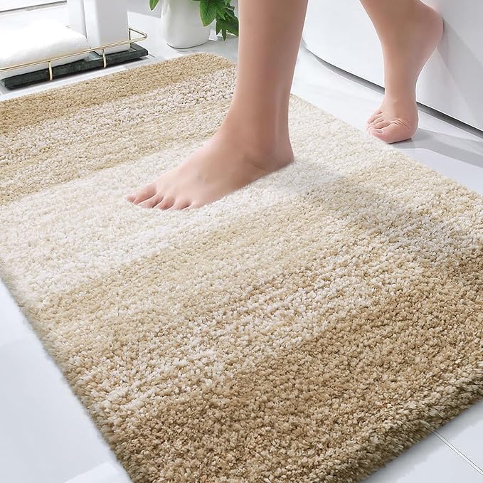 OLANLY Bathroom Rugs Mat 34x21, Extra Soft Absorbent Microfiber Bath Rugs | Tan, Non-Slip Quick-Drying Rubber Backing, Machine Washable Plush Bath Mat for Floor, Tub and Shower, Home Decor Accessories