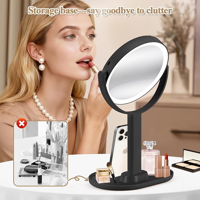 MOMOKUBA Makeup Mirror with Lights, 30X Magnifying Mirrors, Height Adjustable, Vanity Mirror with Lights Rechargeable 3 Color Modes, Double-Sided Detachable Travel Mirrors, Gift for Women, Black/30X