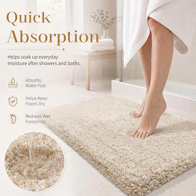 Yimobra Luxury Bathroom Rugs, Fluffy Bath Mats, Non Slip, Water Absorbent Microfiber, Machine Washable, Plush Runner Shower Rugs, Thick Matts for Bathroom Floor/Tub, 70" X 24", Light Beige and White