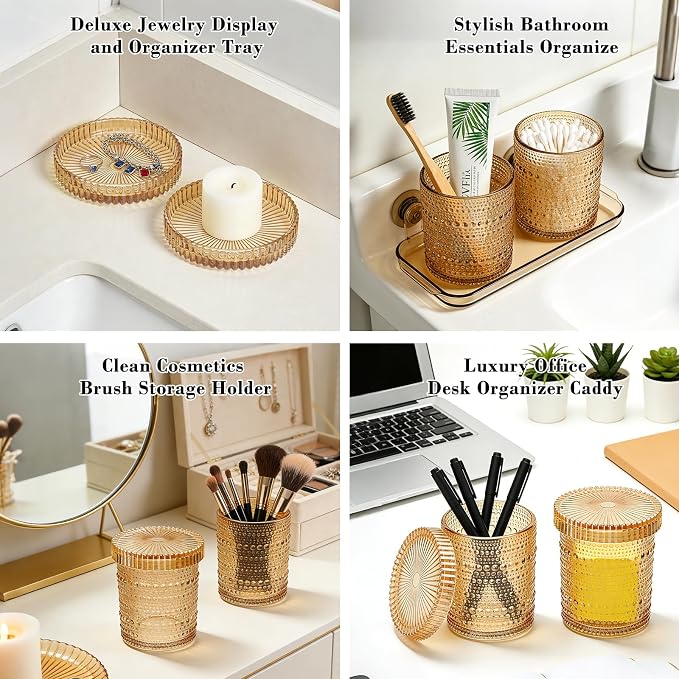 Flrolove 4pcs Amber Glass Qtip Holder, 10oz Bathroom Organizers and Storage | Heavy Base Bathroom Jars with Lids Set for Qtips, Cotton Rounds, Balls & Floss Picks, Water Proof, BPA Free, Dishwasher Safe