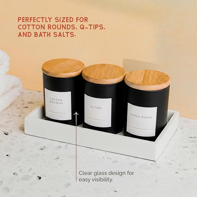 Mini Glass Apothecary Jars with Bamboo Lids, Small Bathroom and Kitchen Storage Containers, For Cotton Balls, Pads and Swabs, 10 oz, Set of 3 (Matte Black)
