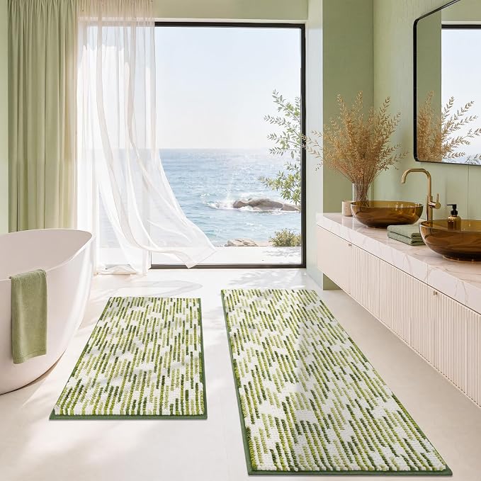 BSICPRO Bathroom Rugs Sets 2 Piece, Modern Bath Mat 20"x47"+20"x32", Sage | Loop Pile Chenille, Non Slip TPR Rubber Backing, Abstract Stripe, Soft Thick Absorbent Washable, Runner Rug for Bathroom